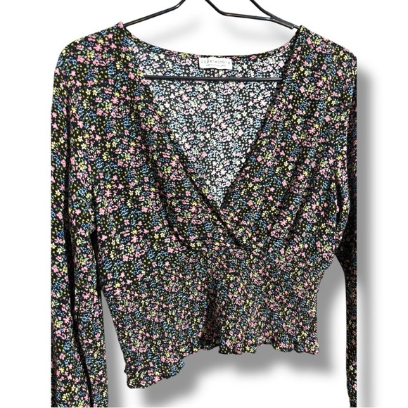 Paper Crane Black with Vibrant Pink and Yellow Floral Long Sleeve Wrap Blouse - Picture 12 of 16